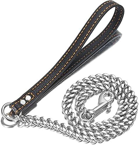 Strong Gold/Silver Dog Chain Leash 3FT 4FT 5FT Stainless Steel 12mm Curb Cuban Link Dog Leash Training Walking with Comfortable Genuine Leather Handle for Large, Medium Small Dogs (Silver, 4FT) Strong Gold/Silver Dog Chain Leash 3FT 4FT 5FT Stainless Steel 12mm Curb Cuban Link Dog Leash Training Walking with Comfortable Genuine Leather Handle for Large, Medium Small Dogs (Silver, 4FT)