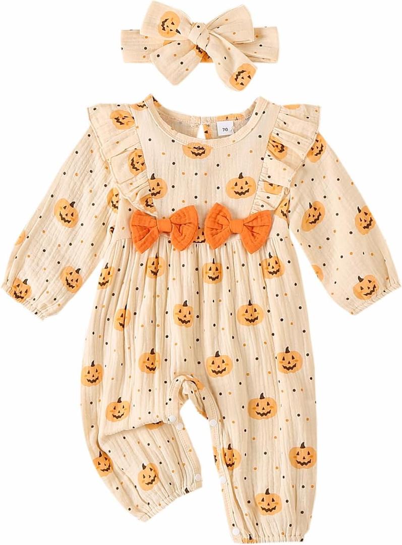 Newborn Baby Girl Halloween Outfit Ruffle Long Sleeve Pumpkin Romper Jumpsuit With Headband Bodysuit Overalls Clothes (0-3 Months, Apricot 3)