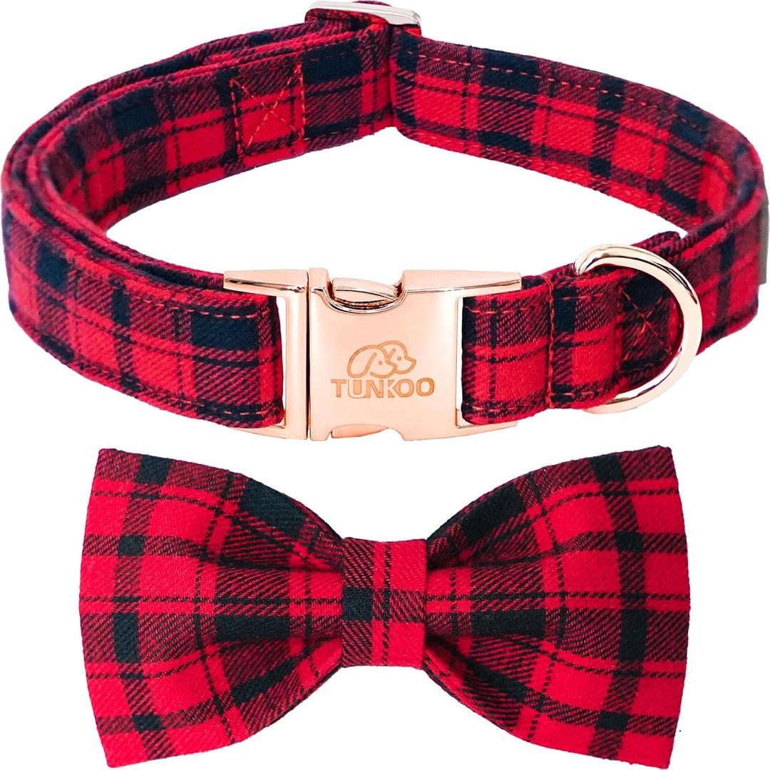 Tunkoo Christmas Dog Collar with Bow Tie - Super Cute Red Cotton Plaid Pet Collar, Adjustable in Small Medium Large for Girls Boys Dogs, M