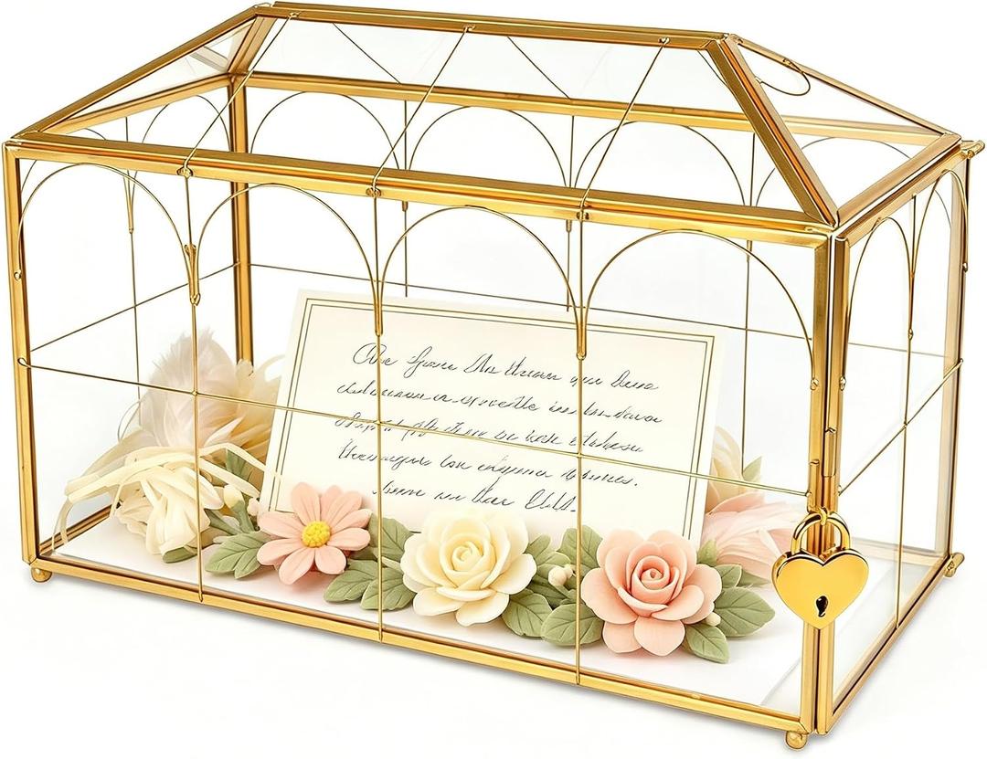 Wedding Glass Card Box with Slot 12.6 x 5.9 x 9 Inch, Vintage Gold House Shaped Decorative Box, Clear Glass Keepsake Box for Wedding Cards, Letters, Anniversary and Home Decor