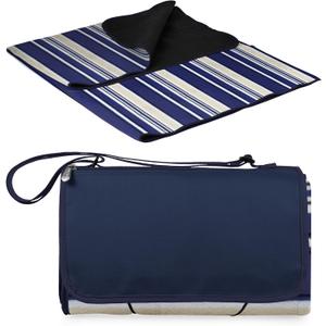 ONIVA Blanket Tote XL Outdoor Picnic Blanket, 70"x80" Foldable Beach Blanket with Fleece Top, Water-Resistant Backing, Strap & Pocket, Portable Mat for 4-5 People by Picnic Time (Blue Stripe/Navy Flap), X-Large