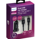 Philips Dual USB Car Charger with USB-A/USB-C Charge Cable