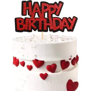 Ercadio 1 Pack Double Layers Happy Birthday Cake Topper Black and Red Glitter Celebrating Birthday Cake Pick Baby Shower Kids Birthday Party Horror Theme Decorations Supplies, 1 Count