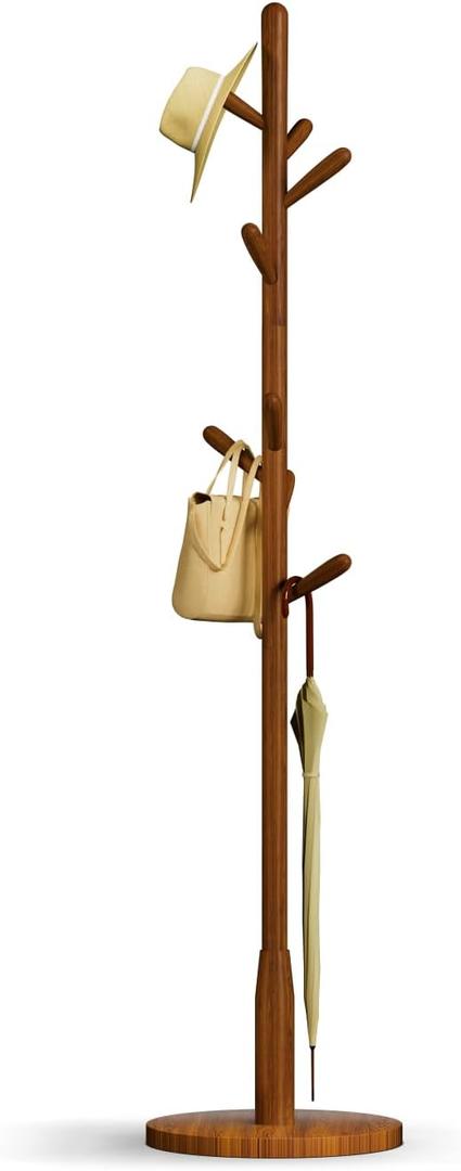 Solid Wood Round Base Coat Rack, Free Standing Hall Coat Tree with 8 Hooks+2 spare for Coats, Hats, Bags, Purses, for Entryway, Hallway, Rubberwood Hooks,Base and Pole(Round Base,Brown)