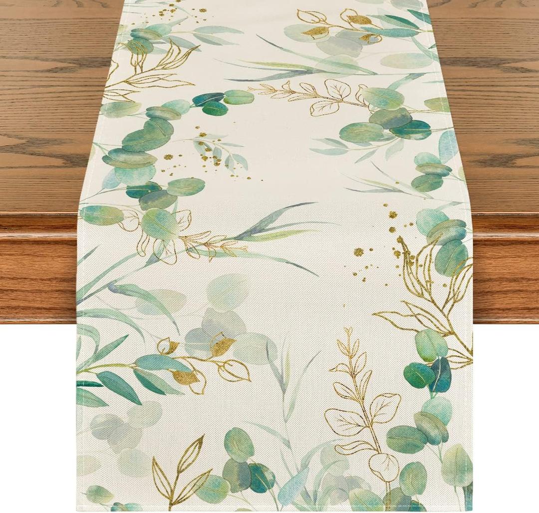 Artoid Mode Beige Greenery Eucalyptus Summer Table Runner, Spring Seasonal Anniversary Holiday Kitchen Dining Table Decoration for Indoor Outdoor Home Party Decor 13 x 36 Inch