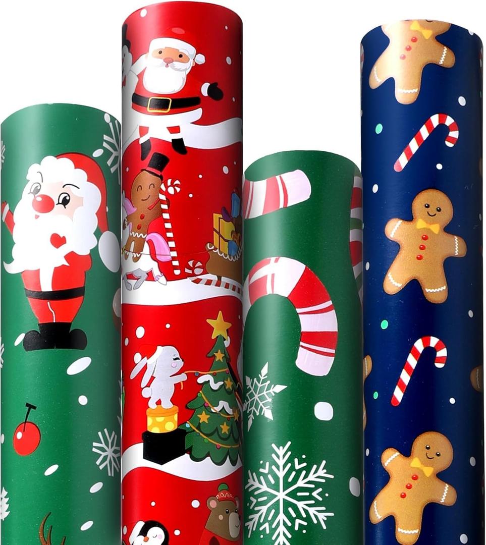 Panigkids Christmas Wrapping Paper, Large Xmas wrapping paper with Gingerbread Man, Santa's Sleigh & Reindeer Designs, 4 jumbo rolls - 17 in. x 16.4 ft. Per Roll, Merry Christmas for Kids Adults