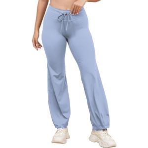 High Waisted Flare Yoga Leggings for Women Drawstring Bubble Hem Athletic Pants for Gym, Pilates,Barre,Casual Wear (Medium, Blue)