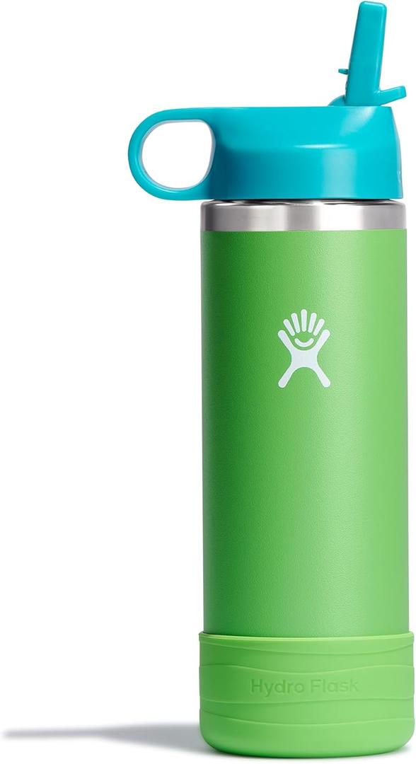 HYDRO FLASK Kids Water Bottle Jr. Stainless Steel Insulated With Straw Cap for Water, Milk, Juice, School, Camp, Sport, Play and Lunch, Easy to Clean, Leak-Resistant (Grass)