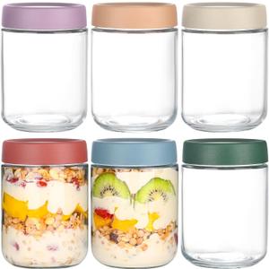 Overnight Oats Containers with Lids 16 oz Glass Jars with Lids 6 Pack Glass Mason Jars with Airtight Lids, Perfect for Oats, Yogurt, Chia Pudding