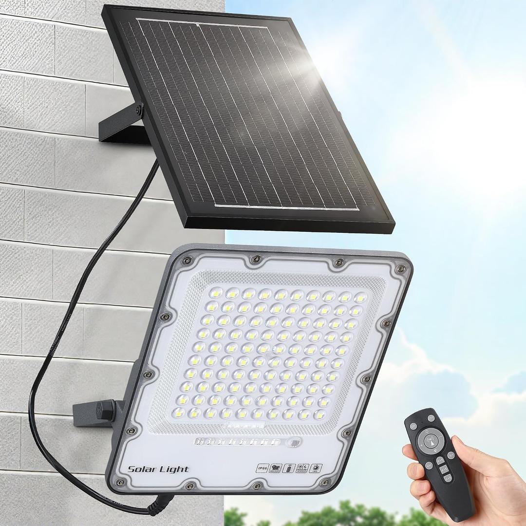 200W Solar Flood Light Outdoor 40000LM 6500K LED Solar Street Light with Remote, IP66 Waterproof Dusk to Dawn Outdoor Security Lighting, 13FT Cable Splitted Solar Powered Lamp for Parking Lot Garage, 1-Pack