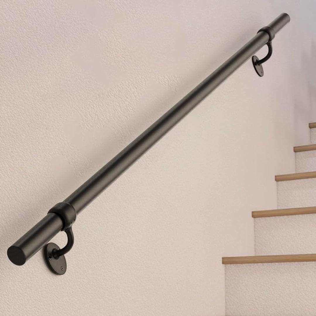 Stair Railing Indoor 4 Feet Hand Rails for Indoor/Outdoor Steps 1.6" Round Porch Railing Wall Mount Aluminum Hand Rails for Indoor Stairs Industrial Staircase Handrails (Black)