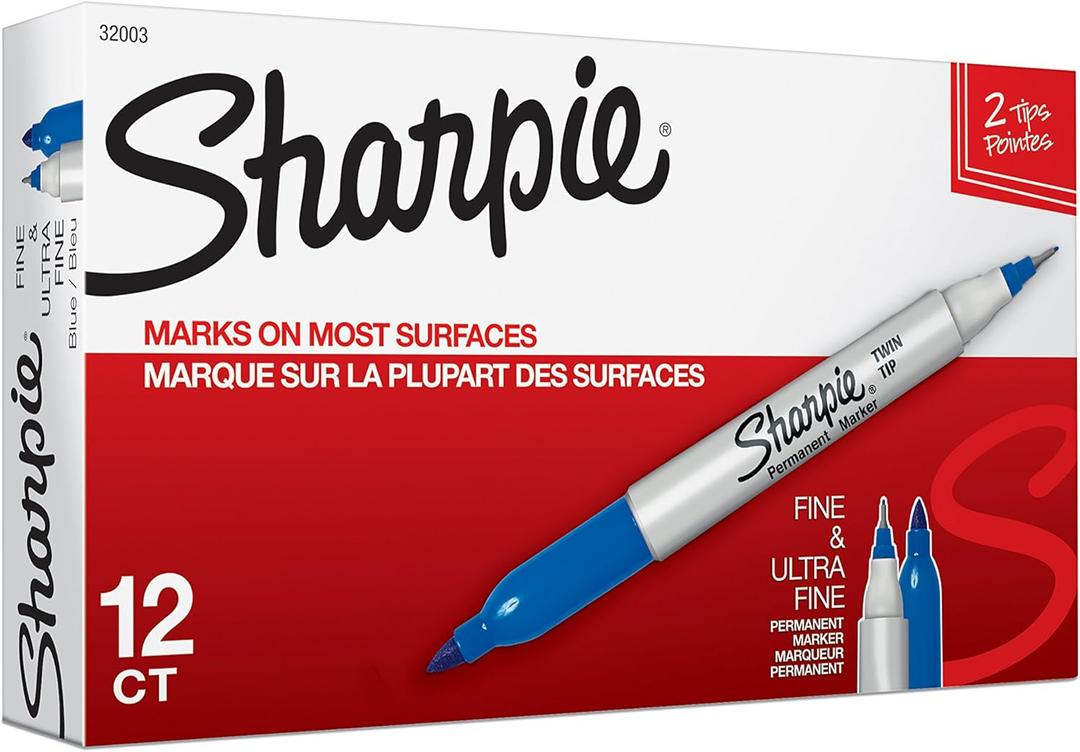 Sharpie Twin Tip Permanent Markers, Fine and Ultra Fine, Blue, 12 Count