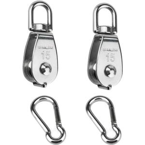 2Pcs 304 Stainless Steel M15 Single Pulley Block, Wire Rope Hanging Wire Towing Wheel, with 2Pcs Spring Snap Hook