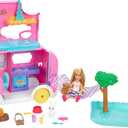 Barbie Camper, Chelsea 2-in-1 Playset with Small Doll, 2 Pets & 15 Accessories, Vehicle Transforms into Camp Site 