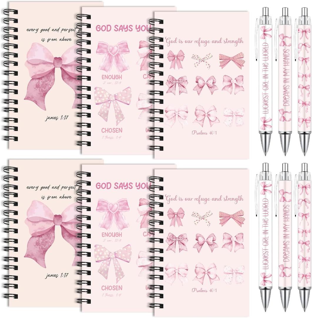 Wxiben Pink Bow Spiral Notebooks Set 12 Pieces Coquete Bow Journal with Inspirational Bible Ballpoint Pens Christian Scripture Prayer Hardcover Notebook Gifts for Women Office School Church Supplies