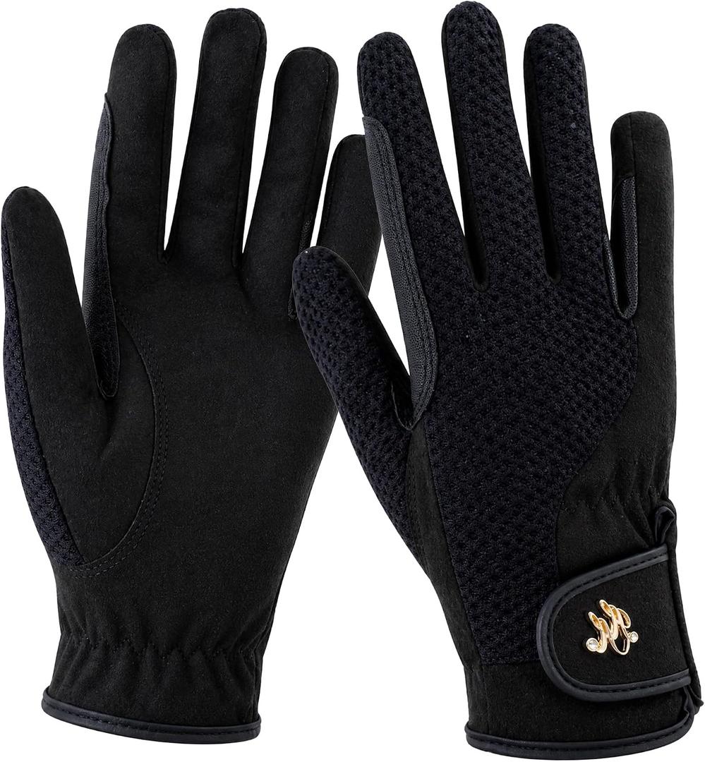 Harrison Howard Women Horse Riding Gloves, Lightweight Equestrian Riding Gloves, Comfortable Grip for Rein & Whip Control Black M