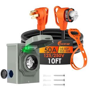 Ficstar 10FT 50 Amp Generator Cord and Power Inlet Box Kit, NEMA 14-50P to SS2-50R Generator Extension Cord, Pre-Drilled 50 Amp Generator Inlet Box with STW Wire, 125/250V, 12500W;UL&ETL Listed