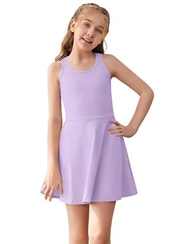 Haloumoning Girls Sleeveless Tennis Dress Kids Racerback Golf Dress School Sports Dresses Outfit with Shorts Pockets Purple 120