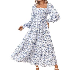 Women's Floral Lantern Long Sleeve Dress Square Neck Ruffle Hem Dresses Shirred A Line Vacation Dresses Medium