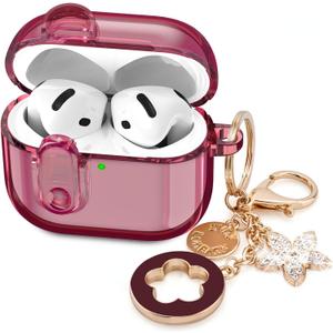 (with Safety Lock) Clear Case Compatible with Cute Apple Airpods 4 Cases 2024 Women, VISOOM Soft TPU Transparency Air pods 4 Gen Case iPods 4 Earbuds Case Girl Bling Keychain for Airpod iPod 4th Gen (Burgundy)