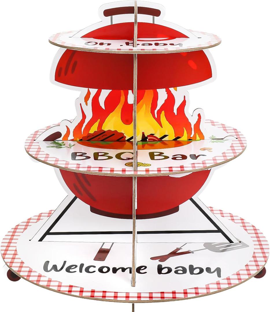 3-Tier Paper Cake Stand for BBQ Baby Shower - Cupcake Tower for 8-12 Cupcakes - Perfect for Birthday, Picnic, and Party Decoration Supplies