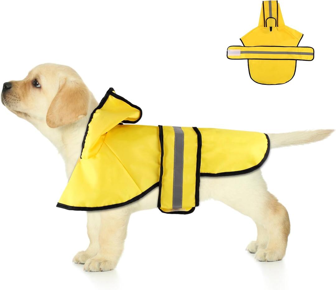 Dog Raincoat with Hood, Adjustable Dog Rain Jacket with Reflective Strip Yellow Waterproof Puppy Poncho for Small Medium Large Dogs (S)