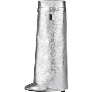 Arqa Fold Over Knee High Boots for Women Covered Wedge Heel Shark Boots Pull-on Wide Calf Boots Fashion Party Almond Toe Booties (9, Silver)