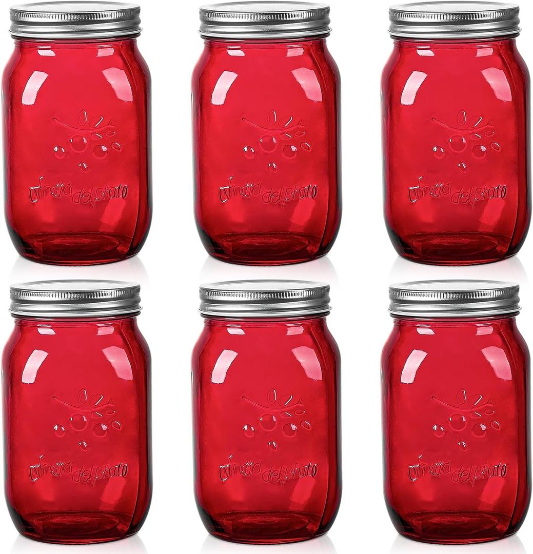 Amzcku 32oz Red Mason Jars with Lids, 6 Pack Wide Mouth Quart Canning Jar, Safe For Storage, Canning, Pickling, Preserving, Fermenting, DIY Crafts & Decor