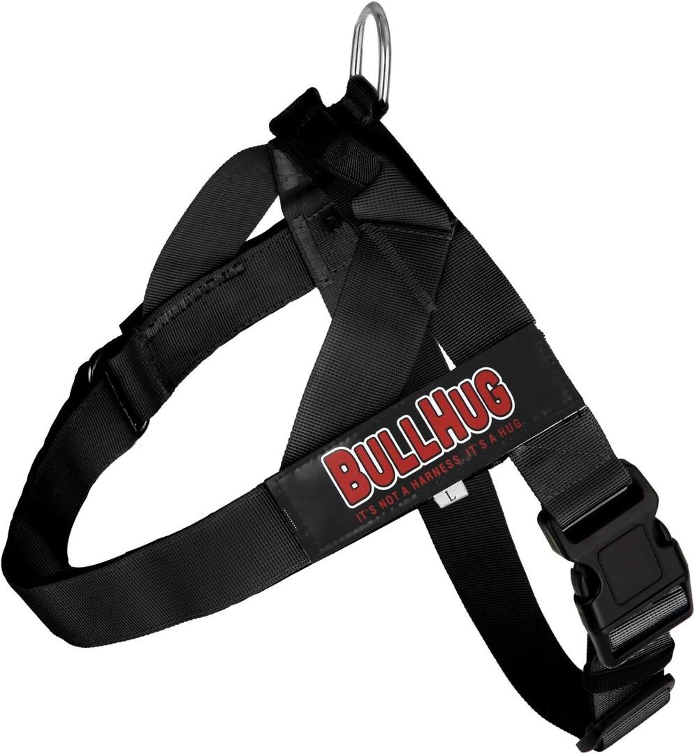 BULLHUG Adjustable Dog Harness No Pull, No Choke  for English Bulldogs, French Bulldogs, Pugs & Broad-Chested Breeds  Easy, Safe Walks (Black, Large) (Large - (Neck: 19" - 23" Chest: 29" - 33"))