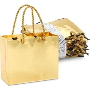 Sparkle and Bash Gold Goodie Bags - Mini Metallic Gold Reusable Paper Bags for Party Favors, Pack of 24, 6 x 5 x 2.5 Inches, Rope Handles