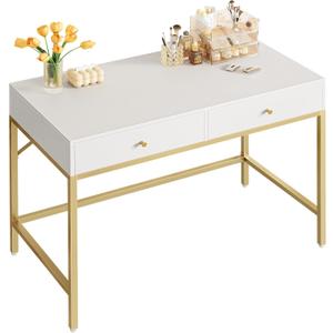 SUPERJARE 39.4" White and Gold Desk with 2 Drawers, Modern Makeup Vanity Desk, Small Computer Desk Home Office Desk for Writing Study Bedroom