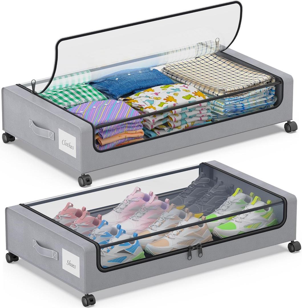 Under Bed Storage with Wheels, 2-Pack Under Bed Storage Containers with Clear Lids, XXL 60L Under the bed storage Organizer Bins, Rolling Under Bed Metal Drawer for Clothes,Shoes,Toys (Gray, 2 Pack)