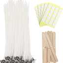 100 Pcs Cotton Candle Wicks (10 Inches) with 100 Pcs Wick Stickers and 10 Pcs Wooden Candle Wick Holders, Candle Wicks for Soy Wax, Beeswax, Coconut Wax