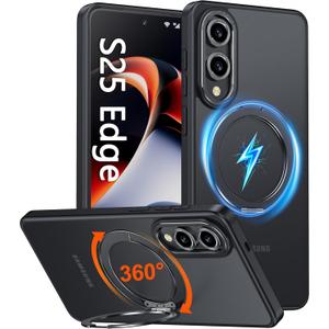 Oneagle 360 Spin Magnetic Stand for Samsung Galaxy S25 Edge Case Translucent [Fit for Magsafe], Matte Slim S25 Edge Phone Case 6.7" with [Rotatable Kickstand Ring] [15FT Military Grade Shockproof]