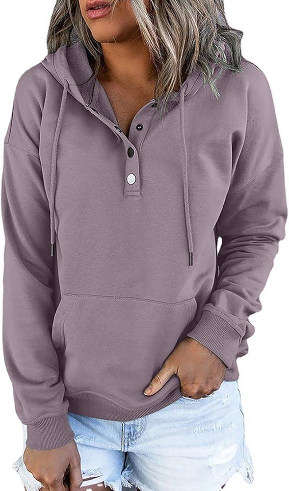 Dokotoo Womens 2025 Hoodies Button Collar Drawstring Hooded Pullover Sweatshirt Casual Long Sleeve Tops Shirts Size 1X