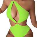 Hilinker Women's Sexy Ring Front Cut Out One Piece Swimsuit One Shoulder Bathing Suit LightGreen Small