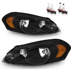Headlights Assembly W/Bulbs for 2006-2013 Chevy Impala for 14-16 Chevy Impala Limited, 06-07 Chevy Monte Carlo Headlamp Replacement Pair (Clear Lens I Black Housing I Amber Reflector)