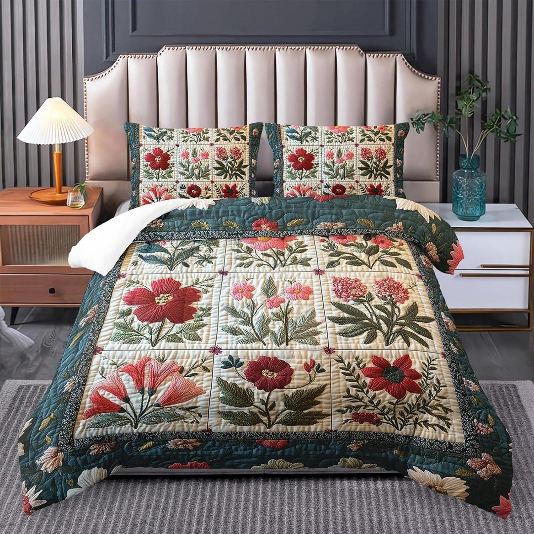 Flower Print Comforter Bedding Set Twin Size, Soft Floral Plant Retro Quilts Twin for Adults, Floral Green Quilt Bedding Set Bedroom Decor, Cute Flower Plant Pattern Comforter Room Decor (Bz250722 17)