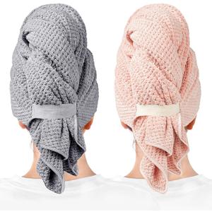 2 Packs Large Microfiber Hair Towels for Women, Super Absorbent & Quick Dry Hair Towel Wrap for Curly Hair Long & Short Hair- Anti-Frizz Hair Turbans for Wet Hair - 27.5''*39.4'' (Grey, Pink)