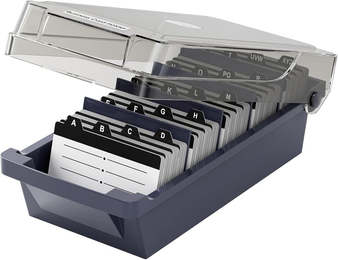 MaxGear Business Card Holder Desk, Large Plastic Business Card Organizer Box with Lid, Credit Cards Holder File Storage Case for Office & Home, Holds 500 3.5 x 2.2 Cards with A-Z Index Tabs, Gray