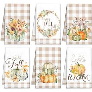 Mixweer 6 Pcs Thanksgiving Kitchen Towels Fall Pumpkin Hand Towel 16 x 24 Inch Autumn Buffalo Plaid Maple Absorbent Dishcloth Truck Dish Cloth for Thanksgiving Kitchen Decor