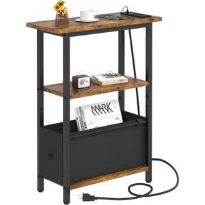 Narrow Side Table with Charging Station, Skinny End Table for Small Spaces, Thin Sofa Side Table with 1 Fabric Drawer, Slim Nightstand for Living Room, Bedroom, Rustic Brown