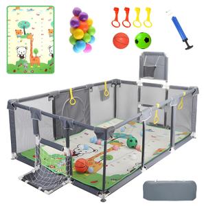 Upgraded Playpen with Enhanced Thick Foldable Mat, Balls, 4 Rings, Storage Bag, Basketball Hoop & Soccer Nets - Play Yard - Sport Playpen - Activity Center - BPA-Free, Non-Toxic, Safe
