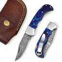606BU Damascus Steel knife - Pocket Folding with Clip - Handmade Custom Pocket knife for Men  Cool Pocket Good For Camping Hunting Fishing Indoor & Outdoors Activities - EDC Damascus knife - Folding Hunting Knives - Leather Sheath - Folding Pocket Knife by GladiatorsGuild 606BU (Blue)
