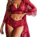 Avidlove Women Sexy Lingerie Set 3 Piece Bra and Panty Sets with Lace Kimono Robe Sleepwear Mesh Nightgown (Medium, Wine Red)