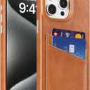 LUCKYCOIN Wallet Phone Case for iPhone 15 Pro Max Case, TAN Phone Purse Case.100% Genuine Leather, with Card Holder, Slim Fit, Metal Buttons, Shockproof Protective Cover, Microfiber Lining, for Men Women