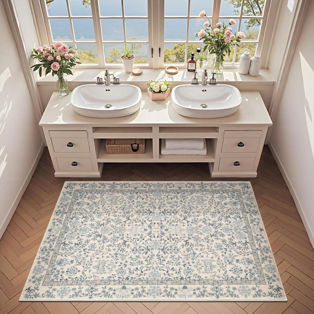 Jinchan Zenith Floral 3x5 Area Rug Machine Washable Soft Low-Pile Non-Slip Vintage Botanical Aesthetic Throw Carpet for Entryway Bedroom Kitchen Living Room Nursery Blue/Cream