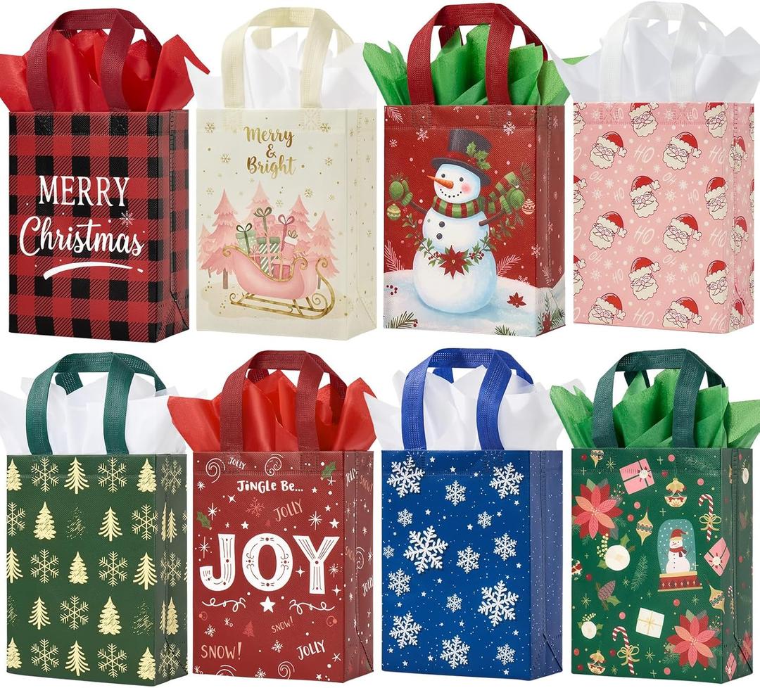 YANGTE Small Christmas Gift Bags 16 Pack with Tissue Paper & Handles, 8.66"6.3"3.15", Reusable Non-Woven Xmas Gift Bags Bluk for Presents Goody Cookie Holiday Parties