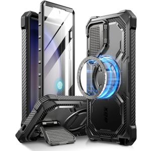 i-Blason Armorbox for Samsung Galaxy S24 Ultra Case MagSafe with Camera Cover Stand [Support Wireless Charger] 360 Full-Body Case with Screen Protector & Kickstand Phone Case for S24 Ultra, Black