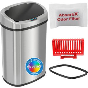 iTouchless 50 Liter / 13 Gallon Stainless Steel Kitchen Trash Can with Sensor 2.0 Tech Touchless Lid and AbsorbX Odor Filter, Oval Slim Space-Saving Automatic Garbage Bin for Home, Office, Business